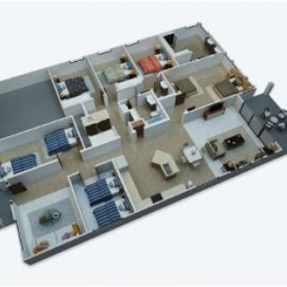 A 3D floor plan rendering of an apartment with multiple rooms and a modern layout.