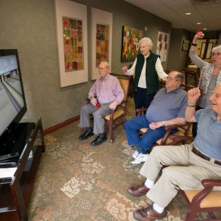 A group of seniors engaging in a video game session together indoors.
