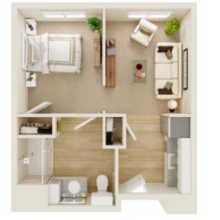 A top-down view of a 1-bedroom apartment floor plan, featuring a living room, kitchen, and bathroom.