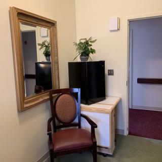 A corner of a room with a mirror, chair, and plants on a cabinet.