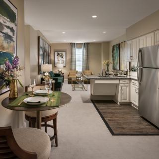A modern open-concept apartment with a combined living room, kitchen, and dining area.