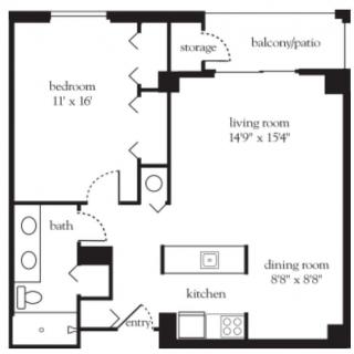 A floor plan of a one-bedroom apartment with labeled rooms and dimensions.