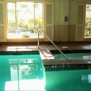 An indoor swimming pool with sunlight streaming through large windows.