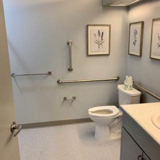 Accessible bathroom with grab bars and decor.