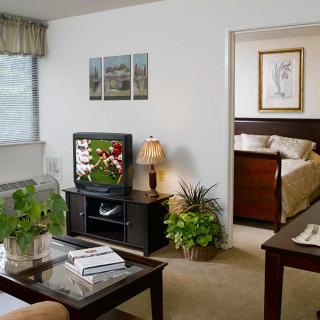 Cozy living room with a view into the bedroom, featuring modern furniture and lush indoor plants.