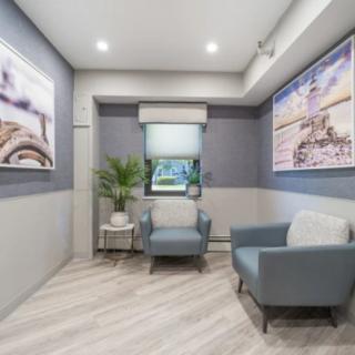 A modern waiting room featuring comfortable armchairs, decorative paintings, and a potted plant for ambiance.
