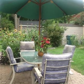 A cozy patio setup with a table and four chairs under a large green umbrella, surrounded by a lush garden.