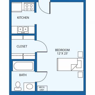 A floor plan of a one-bedroom apartment featuring a kitchen, closet, bathroom, and main living area.