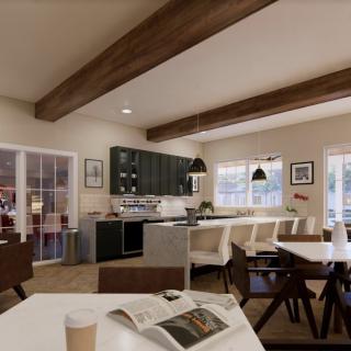 A modern kitchen and dining area with wooden beams and contemporary furnishings.
