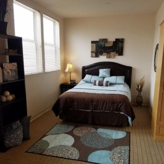 A cozy bedroom with a well-made bed, decorative pillows, and a patterned rug.