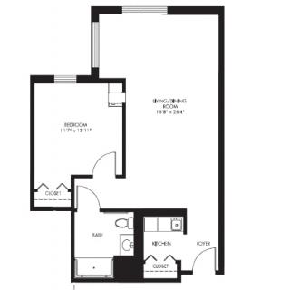 A detailed floor plan of an apartment showing the layout of the living room, kitchen, bathroom, and bedroom.