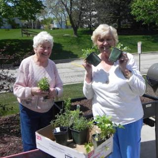 Two enthusiastic seniors showcasing their new plants during a community gardening event.