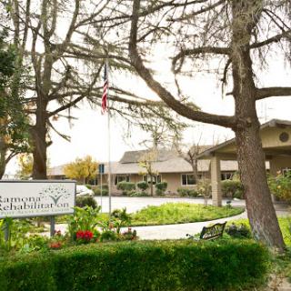 A peaceful view of a building surrounded by greenery and trees, featuring a prominently displayed flag.