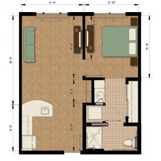 A floor plan of a one-bedroom apartment, showing a kitchen, living area, bedroom, and bathroom.