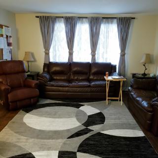 A cozy living room with sofas, an armchair, a geometric rug, and soft lighting.