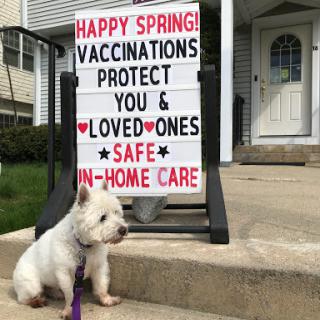 A cute dog sits near a sign promoting vaccinations and safe in-home care as spring arrives.