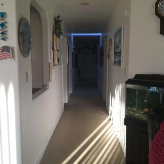 Sunlit hallway with shadows and home decor.