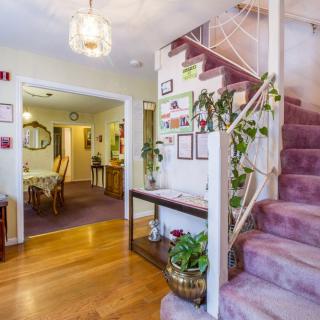 A cozy home interior showcases a staircase with pink carpet and vibrant plants, leading to a warmly lit dining area.
