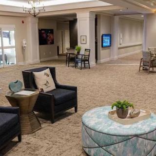 A modern lobby area with comfortable seating and stylish decor.