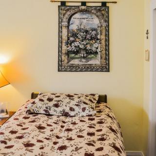 A cozy bedroom featuring a bed with patterned bedding, a bedside lamp, and a tapestry hanging on the wall.