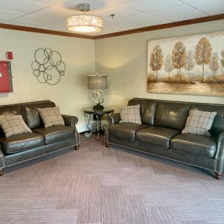 A cozy living room setup featuring leather sofas, decorative pillows, and tasteful artwork.