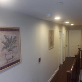 A well-lit hallway with paintings, leading to multiple doors.