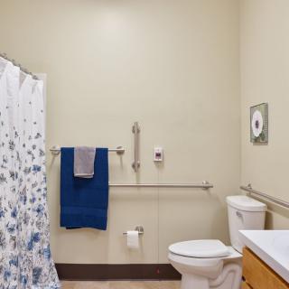 An accessible bathroom featuring a toilet, safety bars, a shower curtain, and a towel on the rack.