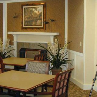 A cozy dining area with tables and chairs, featuring a fireplace and decorative plants.