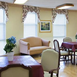A cozy living area with tables, chairs, a sofa, and potted plants by the window.