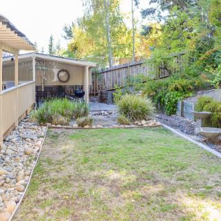 A well-maintained backyard with a grassy lawn, patio area, and various plants and trees.