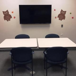 A small meeting room with tables, chairs, and a television, decorated with owl wall art.