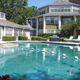 A serene swimming pool at an apartment complex surrounded by lush greenery.