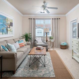 A cozy living room with a comfortable sofa, stylish coffee table, and decorative accents.