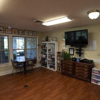 A cozy living room featuring a television, wooden flooring, and ample natural light.