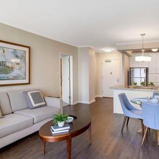 A modern open-concept living and dining area with a view into the kitchen, featuring contemporary furnishings and decor.