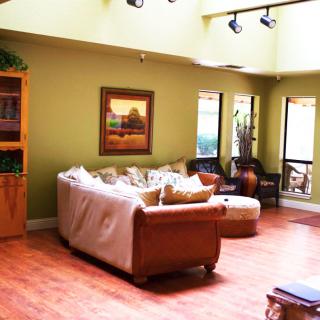 A cozy living room with a couch, wooden floors, and ample natural light.