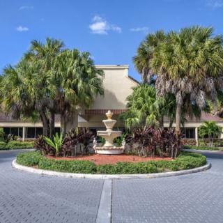 A circular driveway with a central fountain surrounded by palm trees, leading to a building entrance on a sunny day.