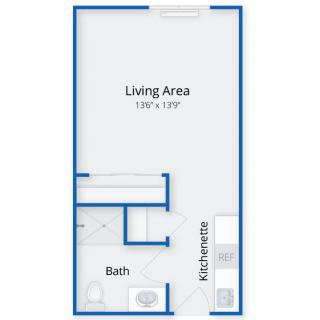 Studio apartment floor plan with a living area, kitchenette, and bathroom.