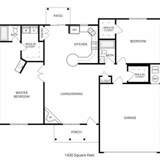 A detailed floor plan of a two-bedroom apartment with living room, dining area, kitchen, and bathrooms.