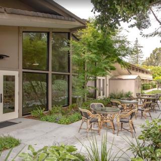 A peaceful outdoor seating area with tables and chairs surrounded by lush greenery beside a building.