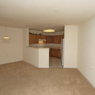 An empty apartment interior featuring a living room and kitchen area.