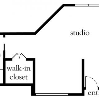 Floor plan of a studio apartment featuring a walk-in closet and entrance.