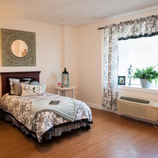 A cozy bedroom with a single bed, decorative wall art, and a potted plant by the window.