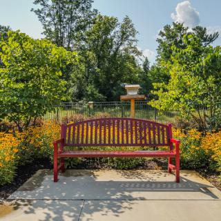 A red bench in a lush garden surrounded by trees and colorful flowers.