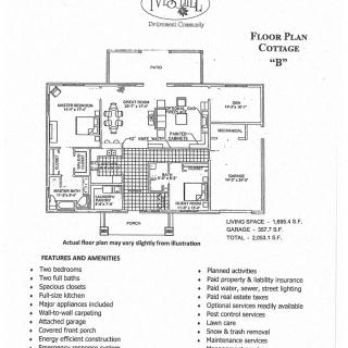 Architectural floor plan of a cottage highlighting room layouts and building features.