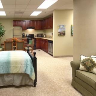 A cozy interior space featuring a combined bedroom, living area, and kitchen.