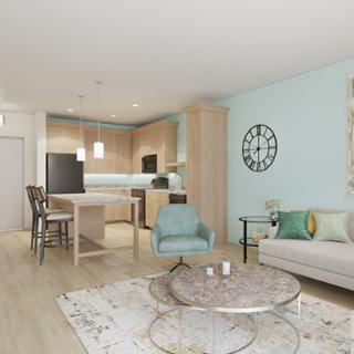 A modern and cozy living space featuring a stylish kitchen and inviting seating area.
