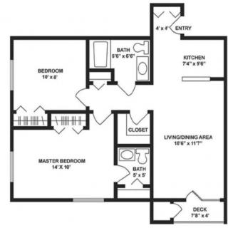 A floor plan of a two-bedroom apartment featuring a kitchen, living room, and bathrooms.