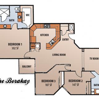 Floor plan of a three-bedroom apartment with living room, kitchen, and two bathrooms.