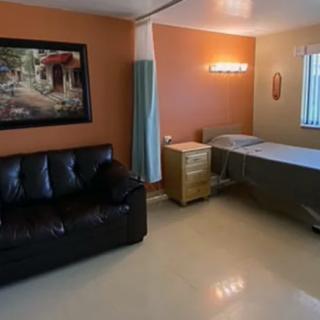 A hospital room with a patient bed, sofa, and artwork on the wall.